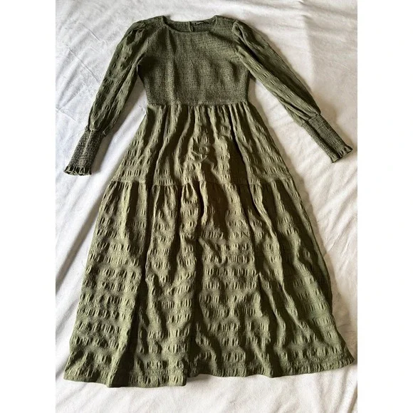 Fashion Olive Green Smocked Long Sleeve Tiered Midi Dress XL Cottagecore - Picture 1 of 3